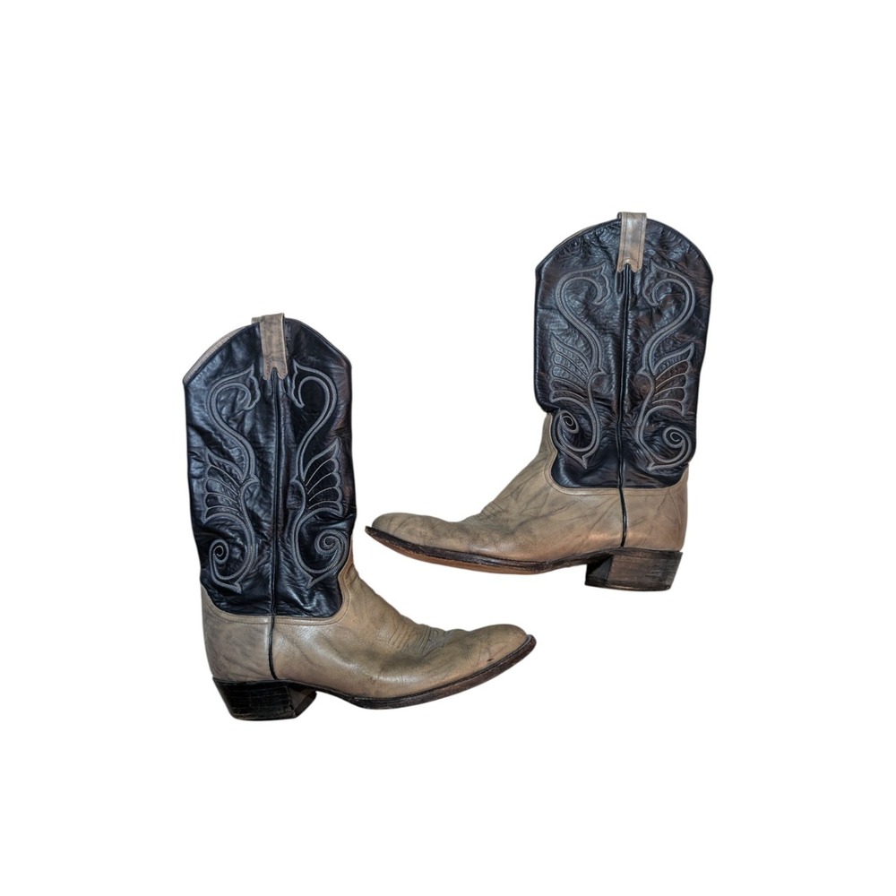 Vintage Larry Mahan Cowboy Boots Beige Blue Men's Size 12 D